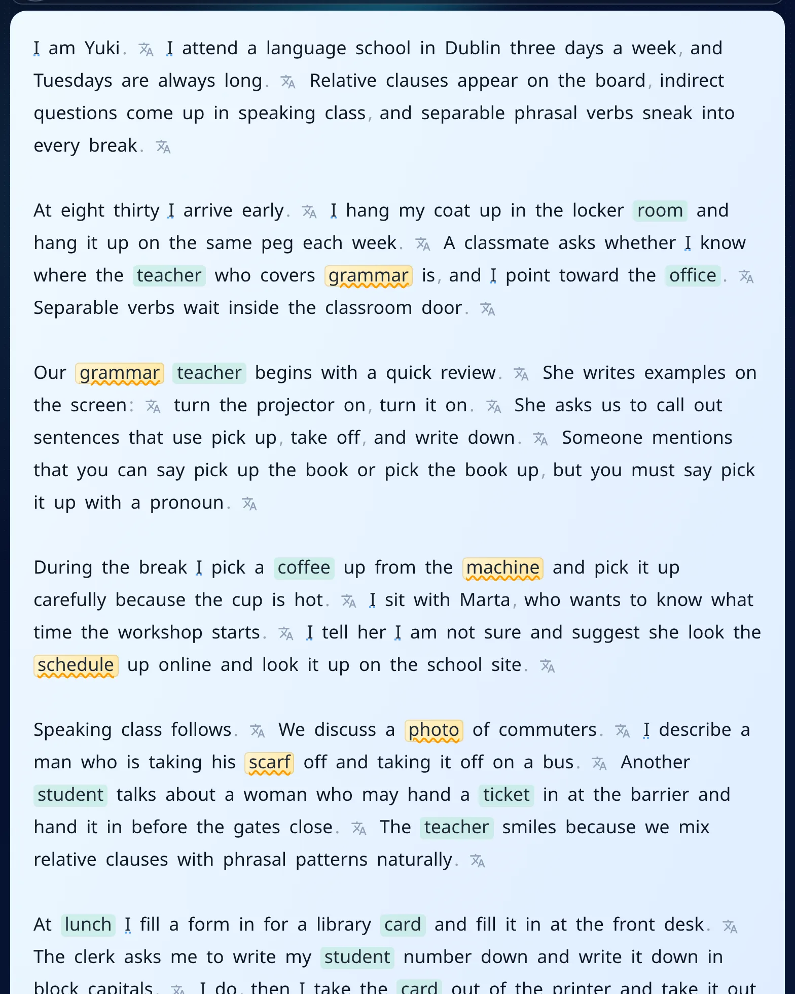 Artículo en inglés en MovaReader con palabras conocidas en verde y en aprendizaje en ámbar