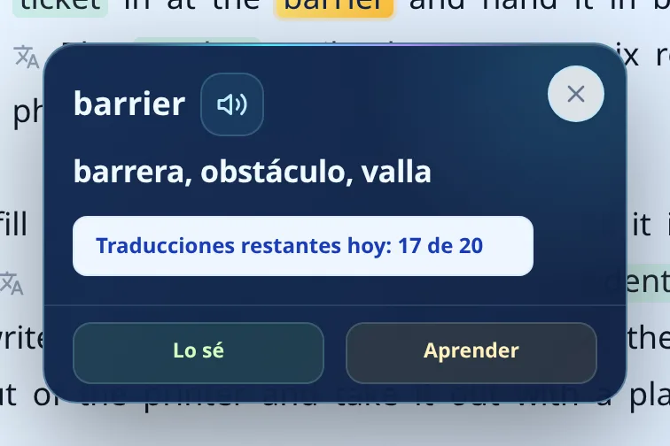 Tarjeta de traducción de una palabra en inglés con el aviso: traducciones restantes hoy 17 de 20