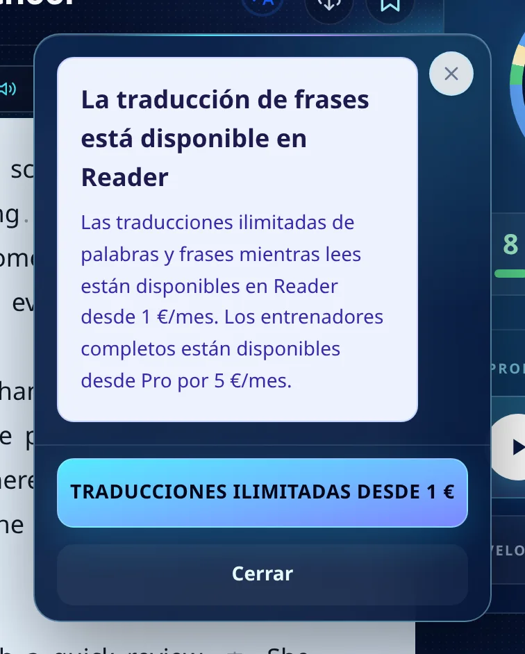 Tarjeta que explica que la traducción de frases está disponible en el plan Reader