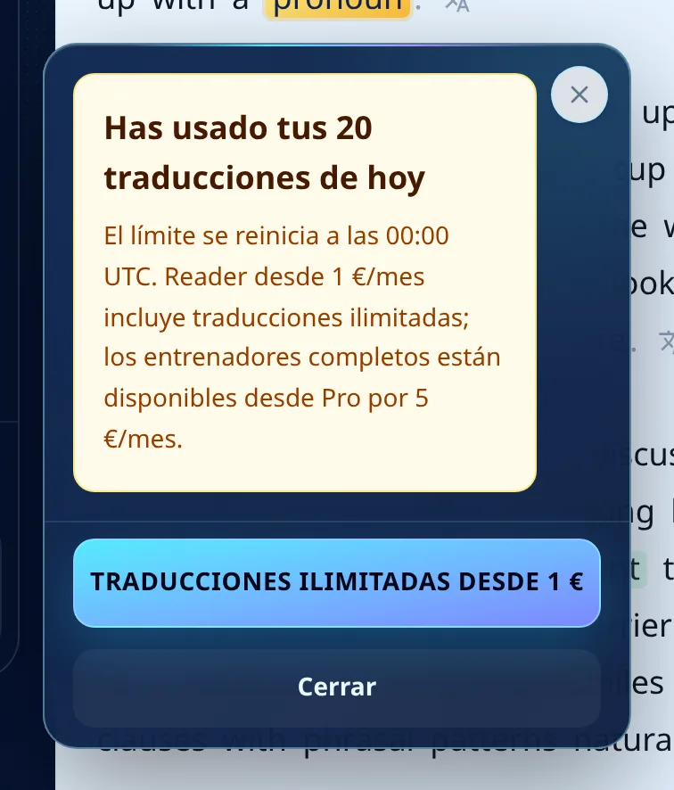 Tarjeta que explica que las veinte traducciones de hoy están usadas y el límite se reinicia a las 00:00 UTC