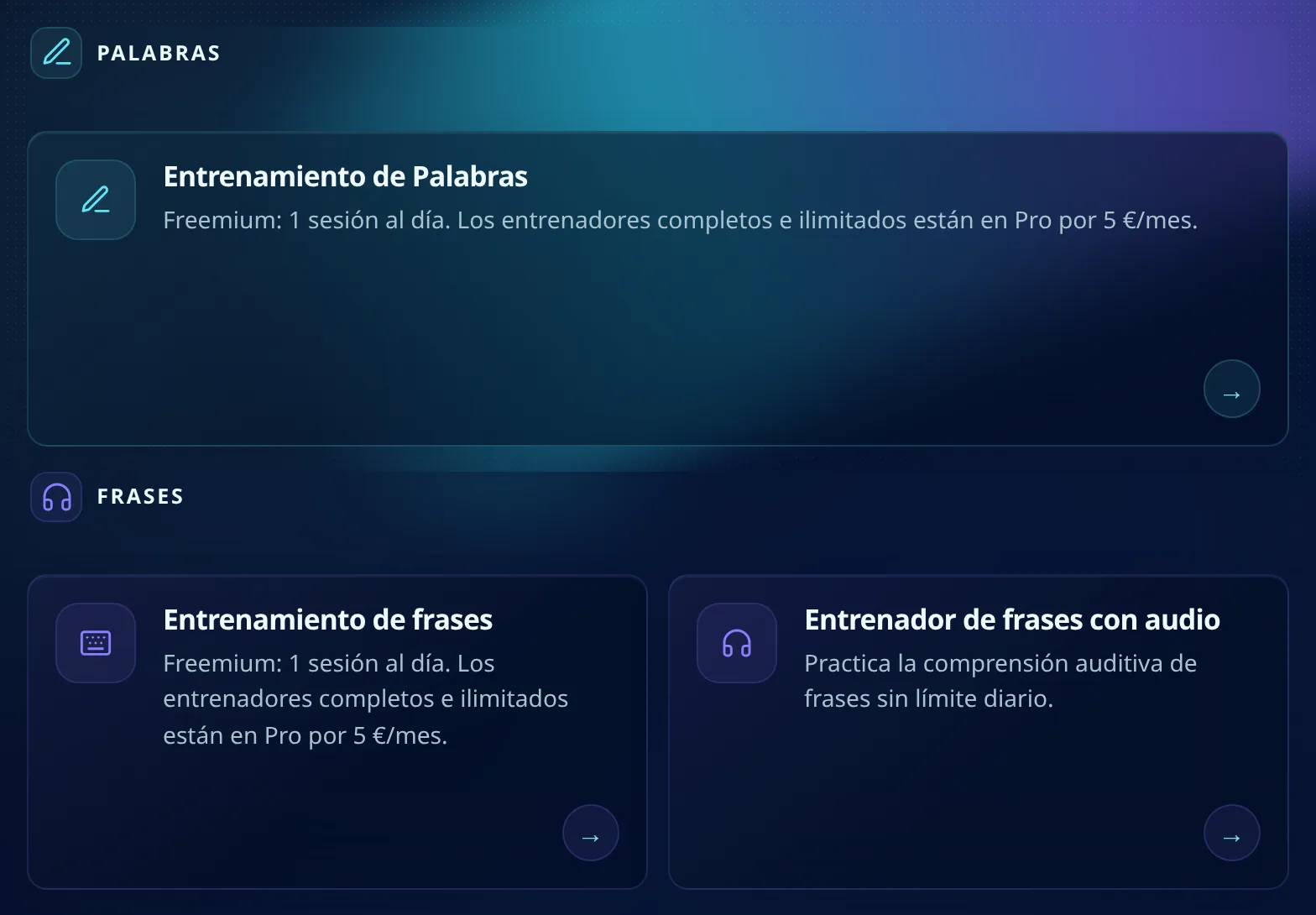 Página de entrenadores con una sesión al día para escritura y sin límite diario para escucha
