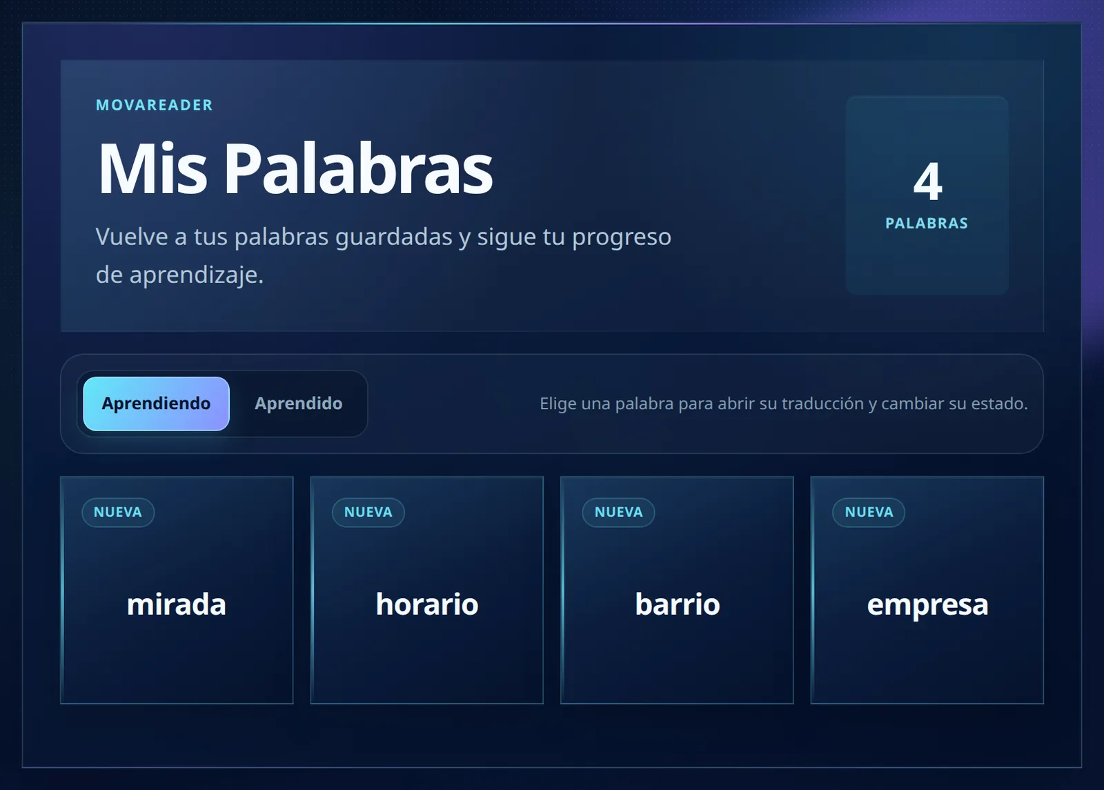 Página Mis Palabras con palabras en inglés guardadas en una cuenta gratuita