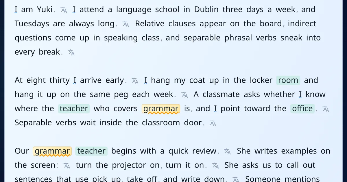 Lectura de un artículo en inglés en MovaReader con palabras marcadas en verde y ámbar