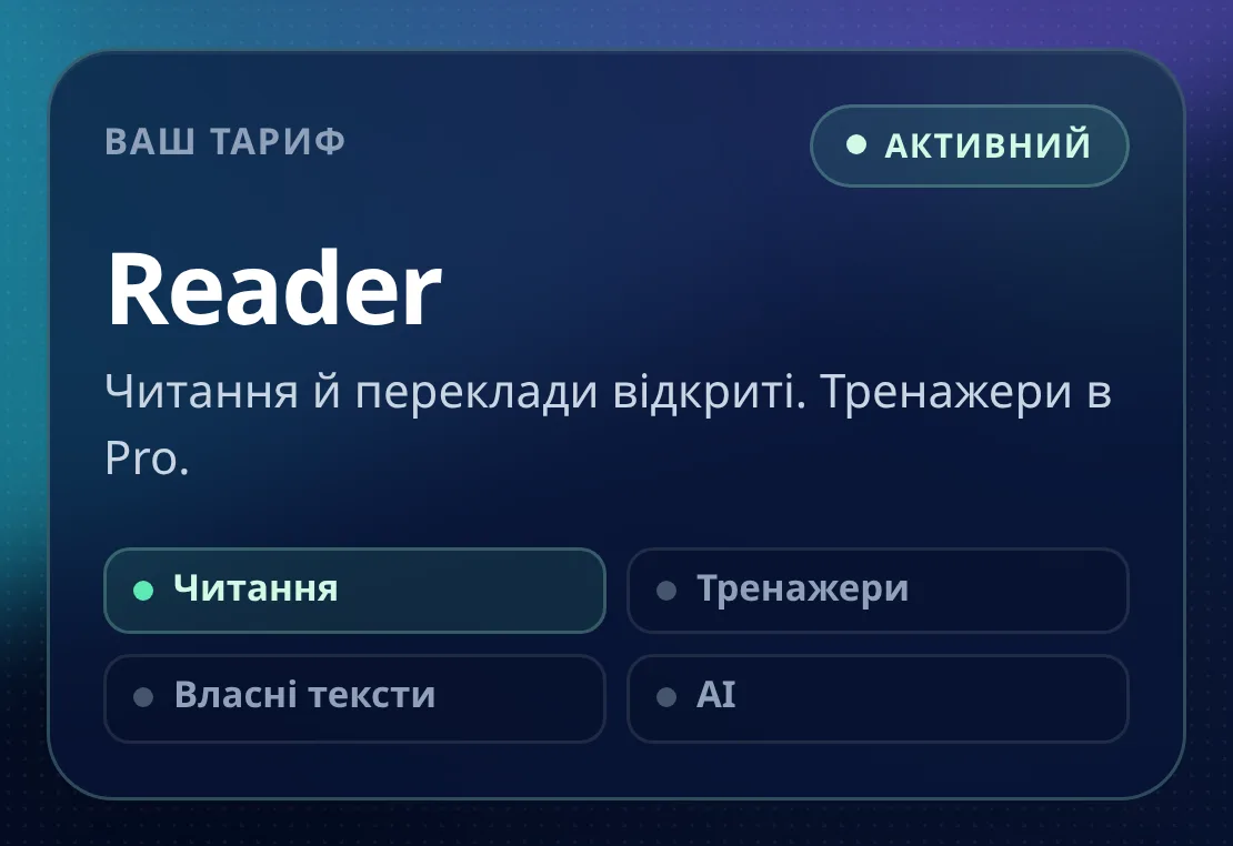 Картка тарифу Reader на екрані телефона: статус «Активний» і чотири позначки, з яких увімкнене лише «Читання»