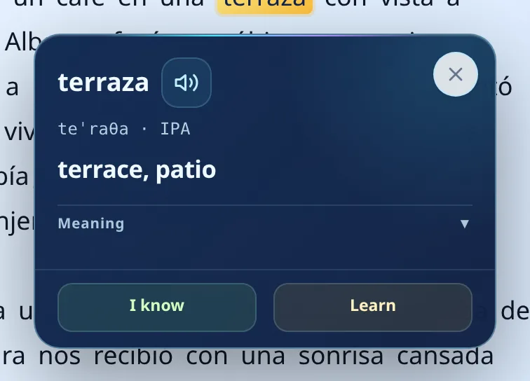Translation card for the Spanish word terraza with I know and Learn buttons and no daily counter