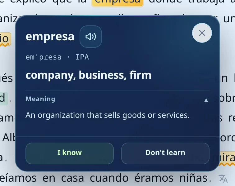 Word card for empresa expanded to show the definition: an organization that sells goods or services