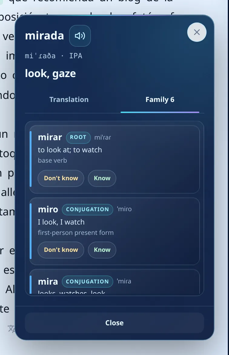 Family tab for mirada listing mirar as root, miro and mira as conjugations, each with Know buttons