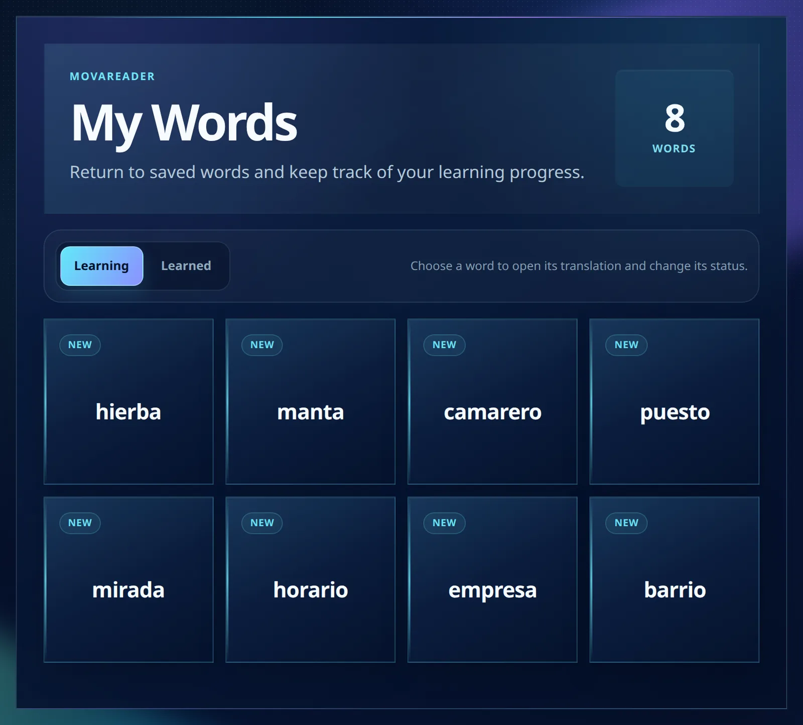 My Words page in MovaReader with Learning and Learned tabs above the saved word cards