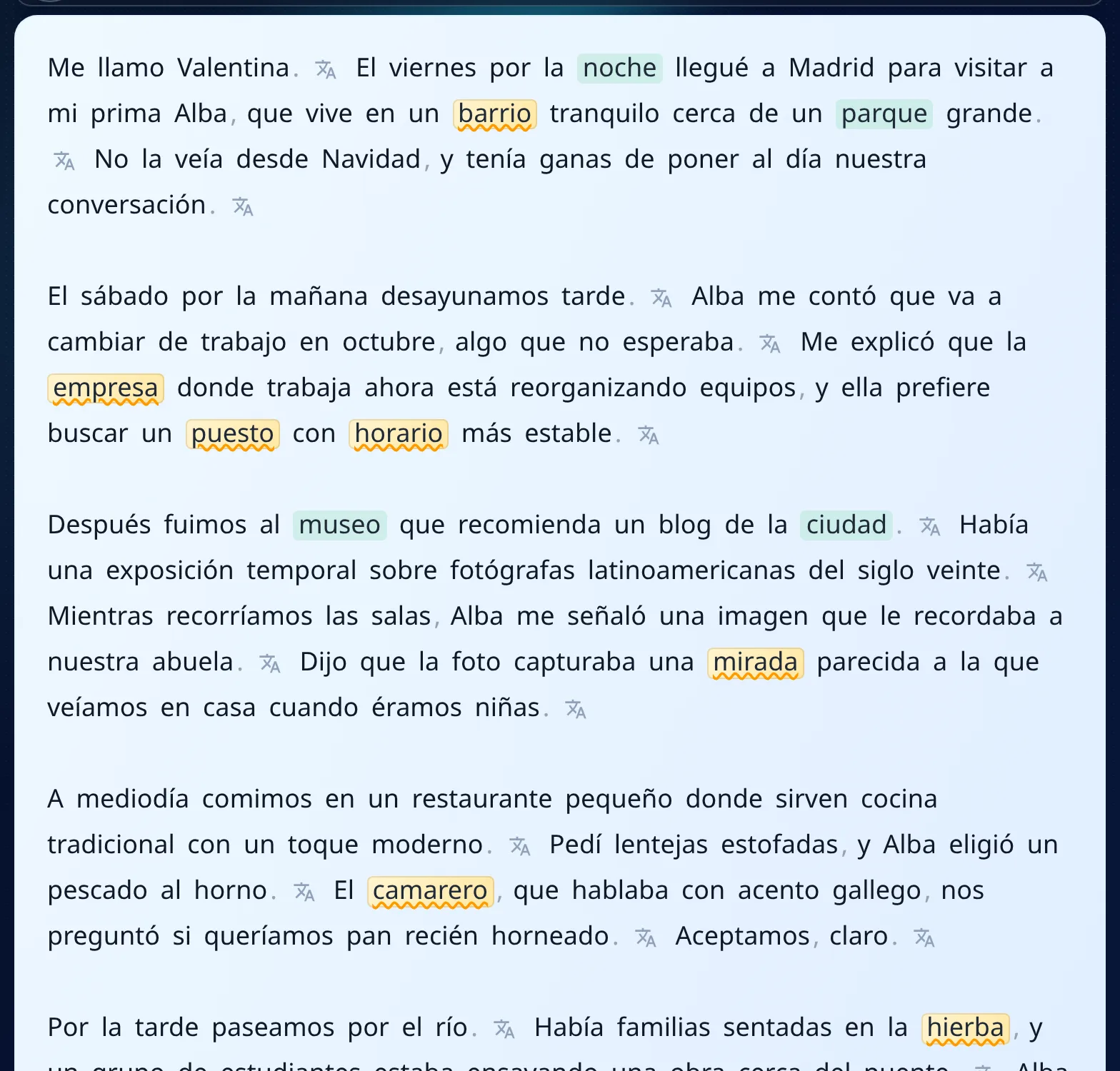 Spanish article read in an English MovaReader interface, with known words highlighted green and studied words highlighted amber