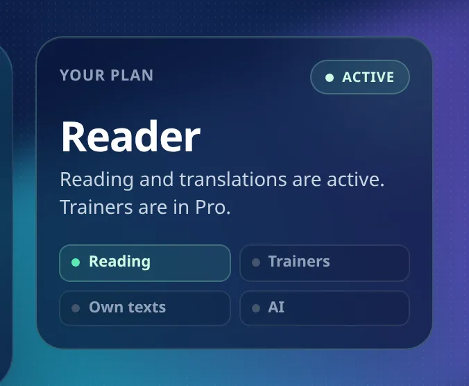 MovaReader plan card showing Reader active, with Trainers, Own texts and AI switched off