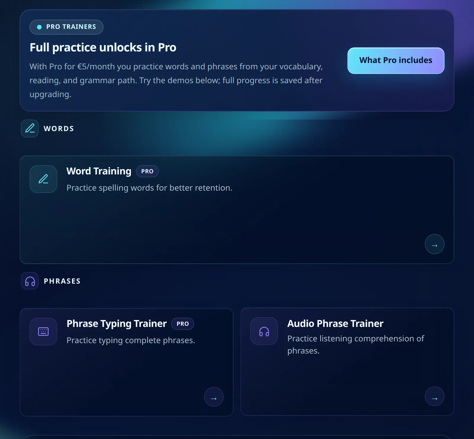 MovaReader trainers page on the Reader plan showing full practice unlocks in Pro