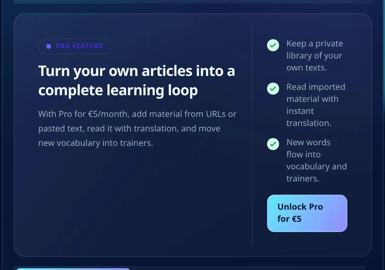 My Files page on the Reader plan showing that importing your own texts requires Pro
