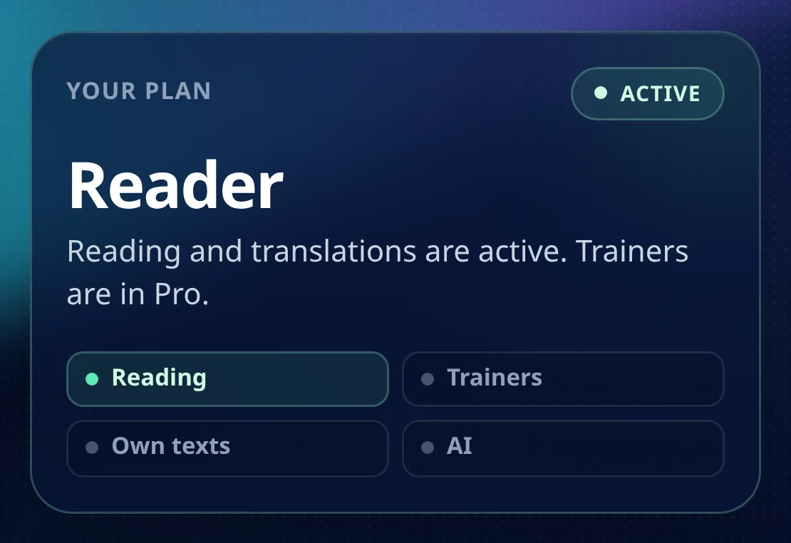 MovaReader plan card on a mobile screen showing the Reader plan