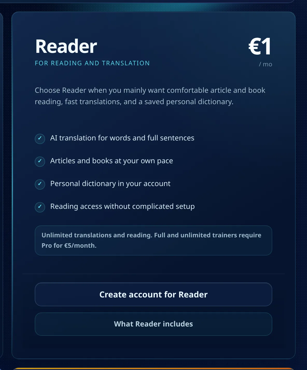 Reader plan card on the MovaReader pricing page at €1 a month