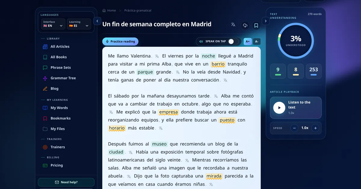 Reading a Spanish article in MovaReader with known words in green and studied words in amber