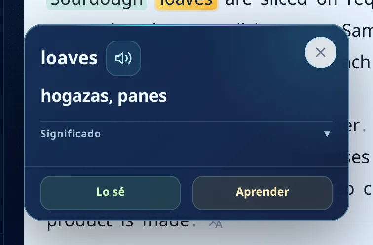 Tarjeta de la palabra loaves en Reader, con la traducción "hogazas, panes", el bloque Significado plegado y los botones "Lo sé" y "Aprender"; no aparece ninguna línea con traducciones restantes.
