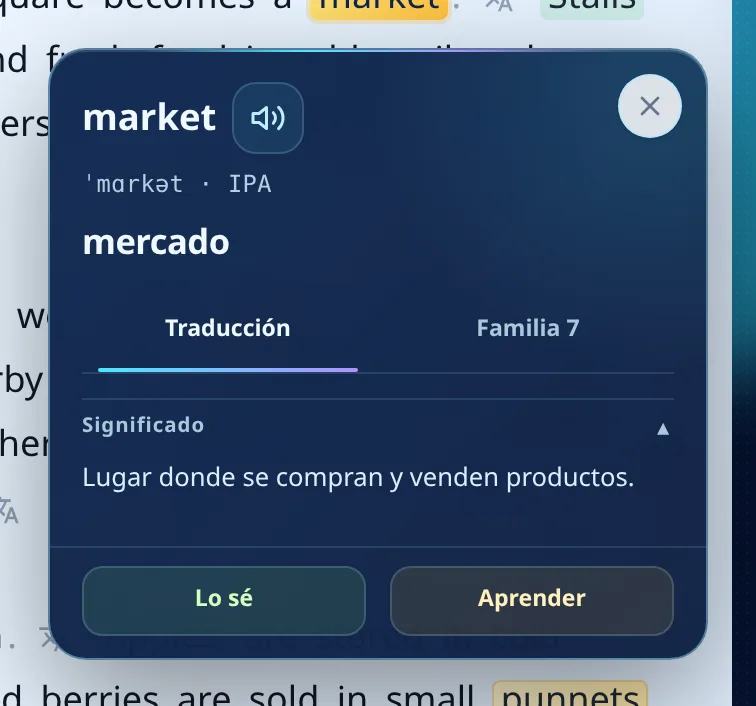 Tarjeta de la palabra market en Reader: transcripción IPA, traducción "mercado", pestañas Traducción y Familia 7, y el bloque Significado abierto con la definición "Lugar donde se compran y venden productos."
