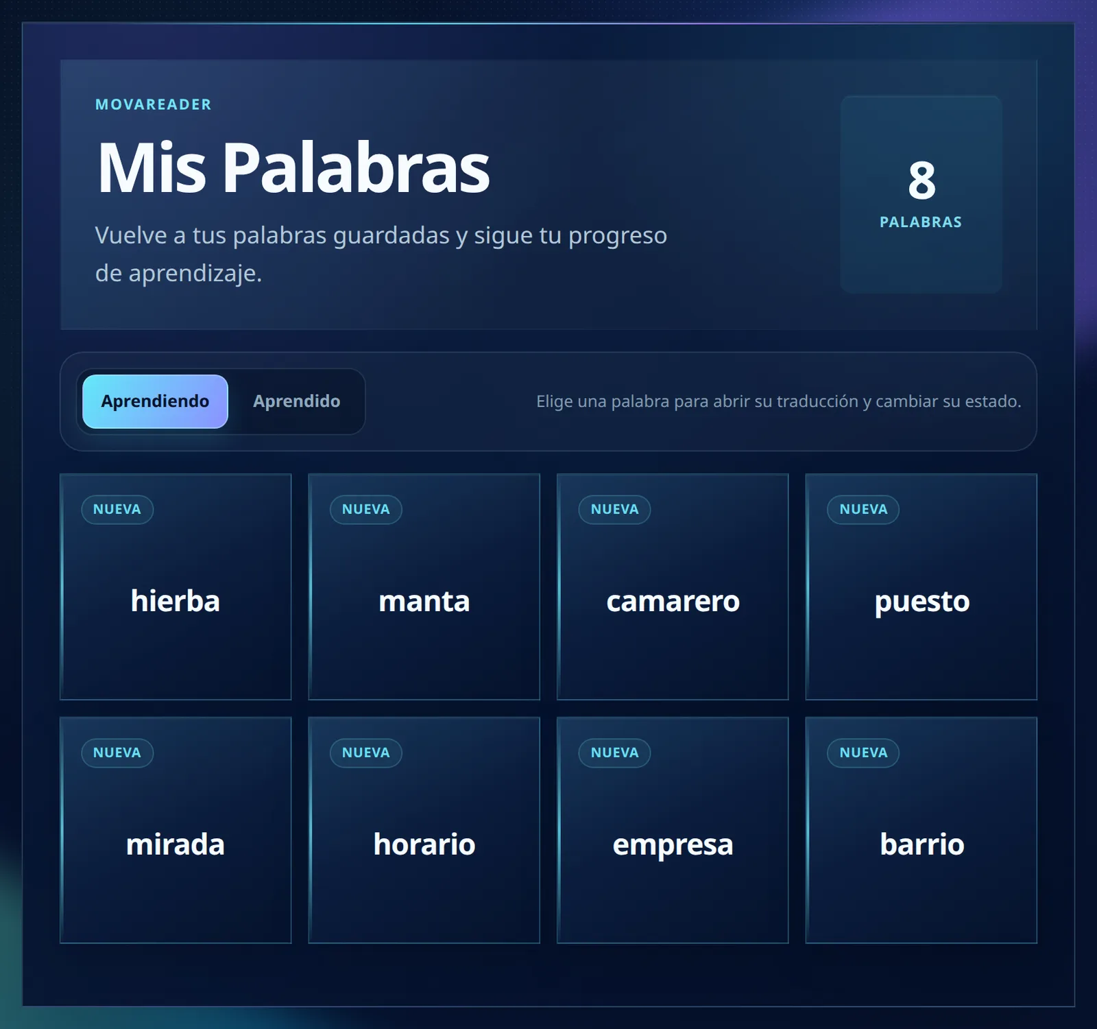 Sección Mis Palabras en MovaReader, con las pestañas Aprendiendo y Aprendido, el contador de 8 palabras y las tarjetas guardadas con la etiqueta NUEVA.