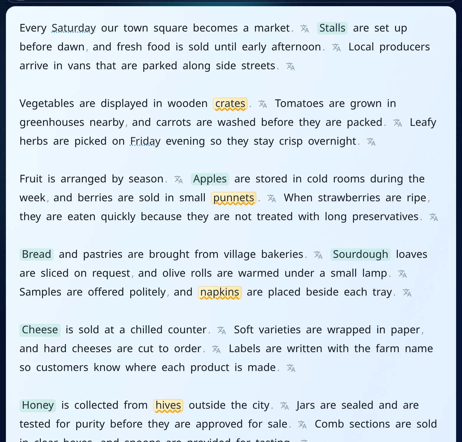Texto en inglés dentro del lector de MovaReader, con varias palabras resaltadas en verde, otras en ámbar, dos con subrayado azul punteado y el resto en texto negro normal.