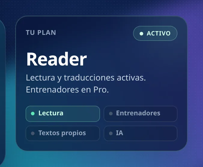Tarjeta del plan Reader en MovaReader: estado ACTIVO, la etiqueta Lectura encendida en verde y las etiquetas Entrenadores, Textos propios e IA apagadas.