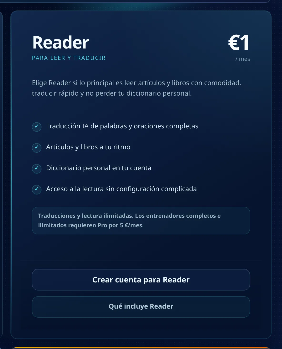 Tarjeta del plan Reader en la página de precios de MovaReader: 1 € al mes, el subtítulo "para leer y traducir", cuatro ventajas con marca de verificación y los botones "Crear cuenta para Reader" y "Qué incluye Reader".