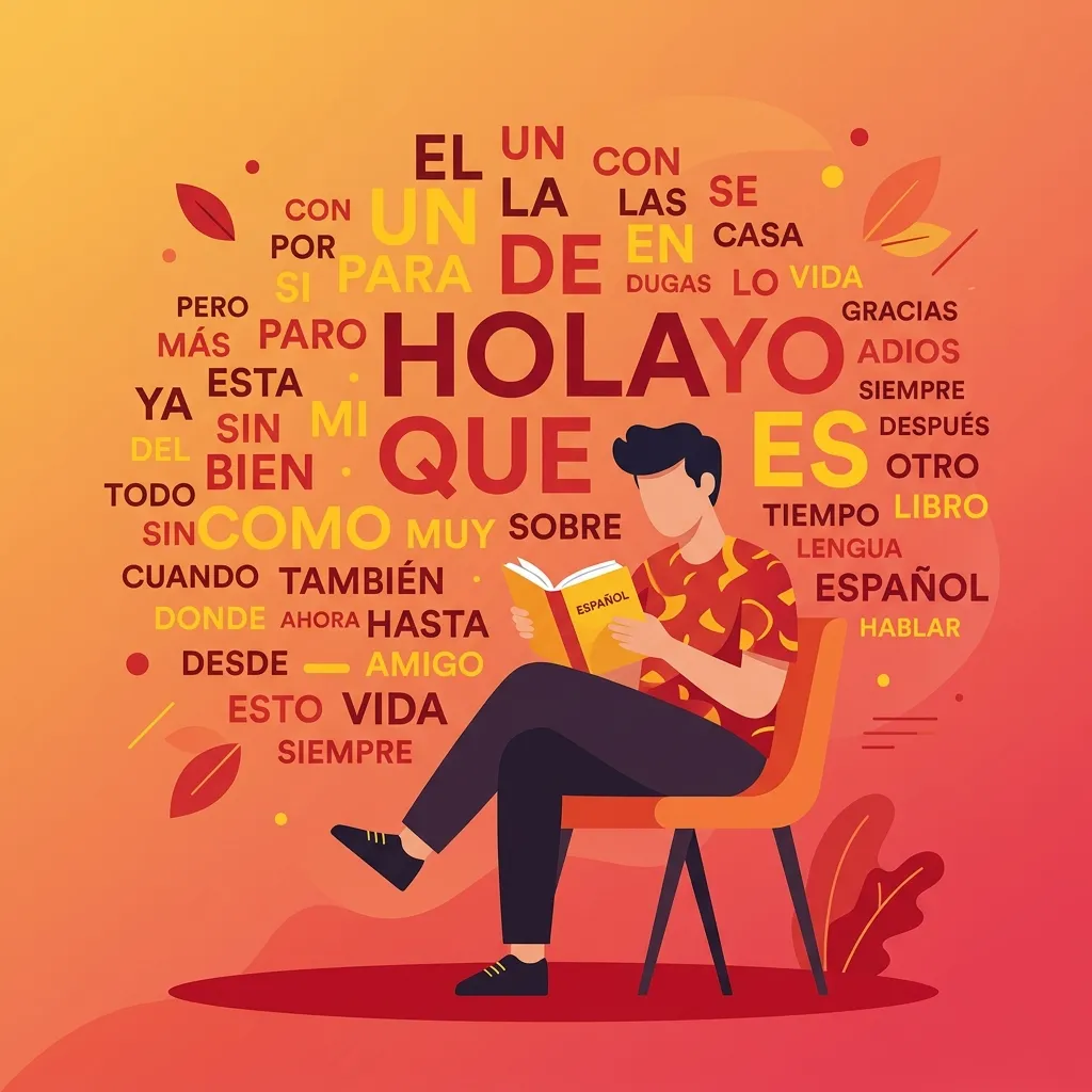 Illustration of a person reading a Spanish book surrounded by the 50 most common Spanish words floating in a colorful word cloud