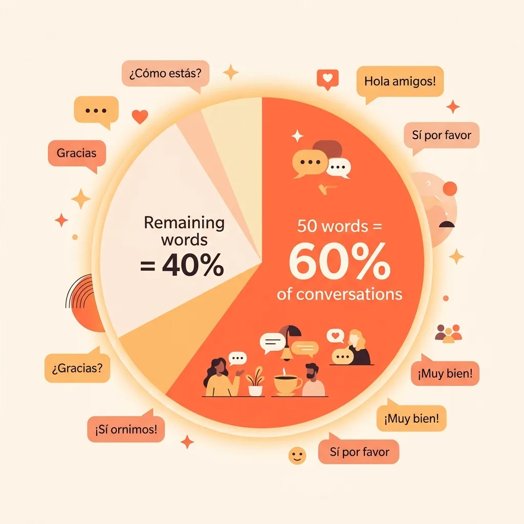 Infographic showing that 50 Spanish words make up 60% of daily conversations