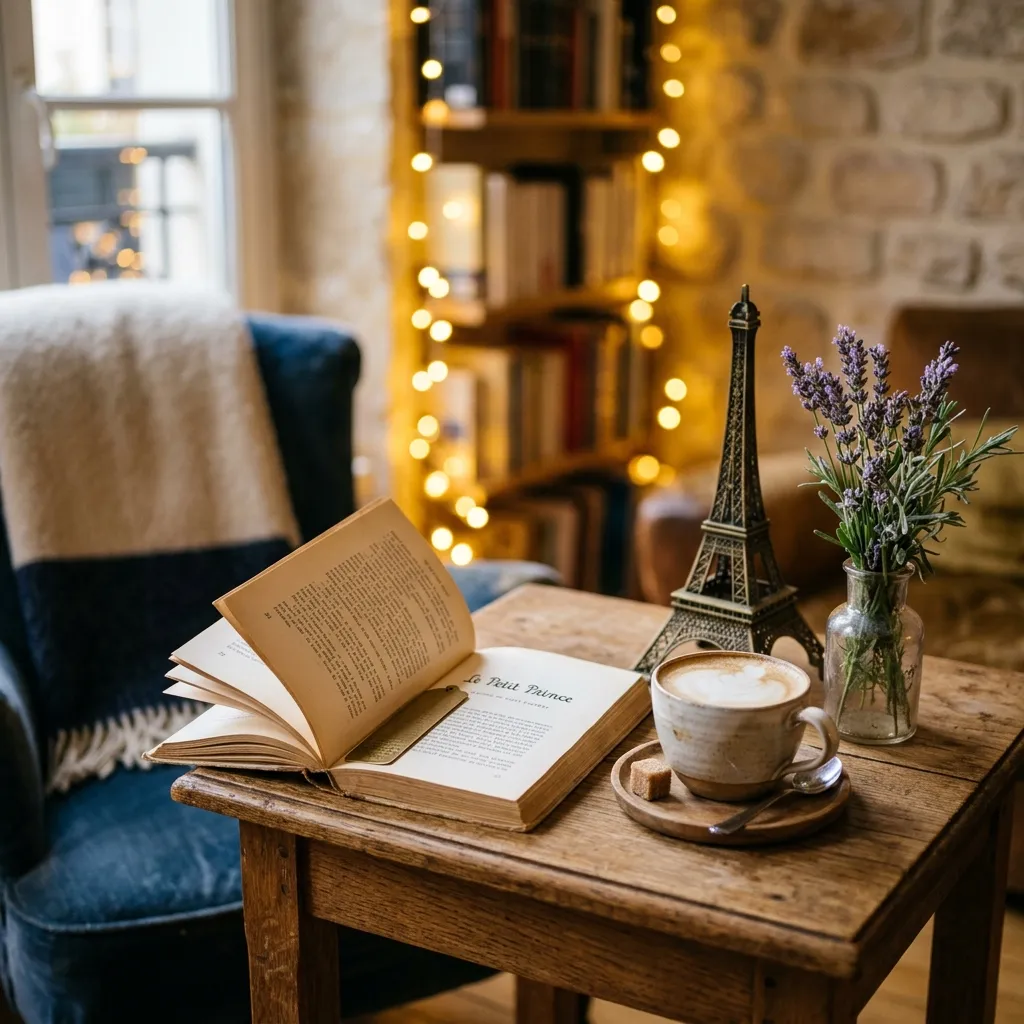Cozy reading nook with an open French book, café au lait, and Eiffel Tower figurine — perfect setting for beginner French reading