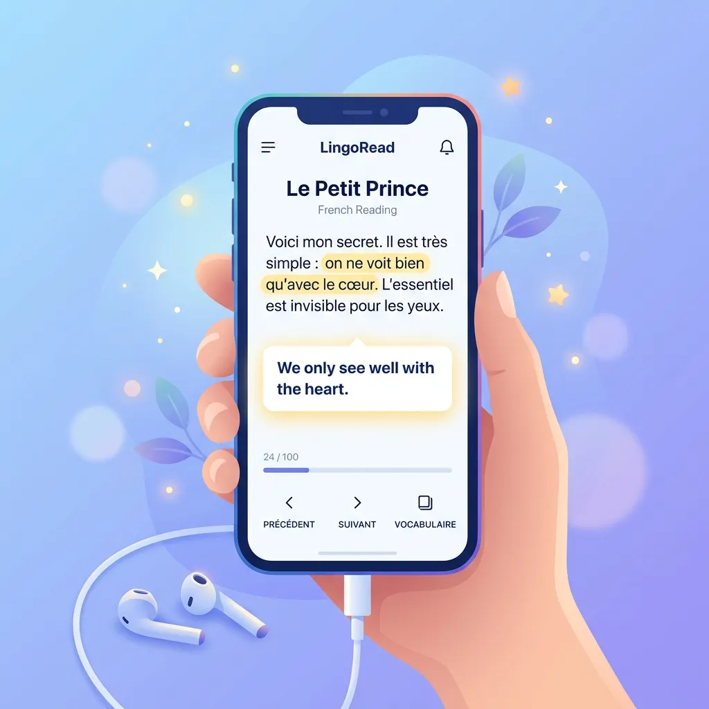 MovaReader app showing French text with instant translation and AI audio features