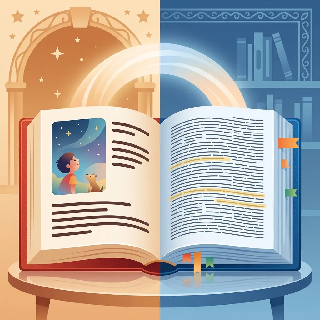 Порівняння адаптованої книги з великим текстом та ілюстраціями та оригінальної книги зі складним англійським текстом, з'єднані світловим мостом переходу