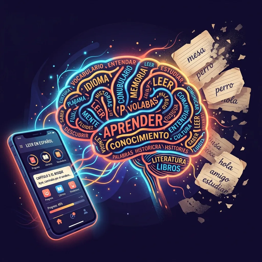 A brain made of interconnected Spanish words next to a smartphone with a reading app, contrasted with crumbling paper flashcards