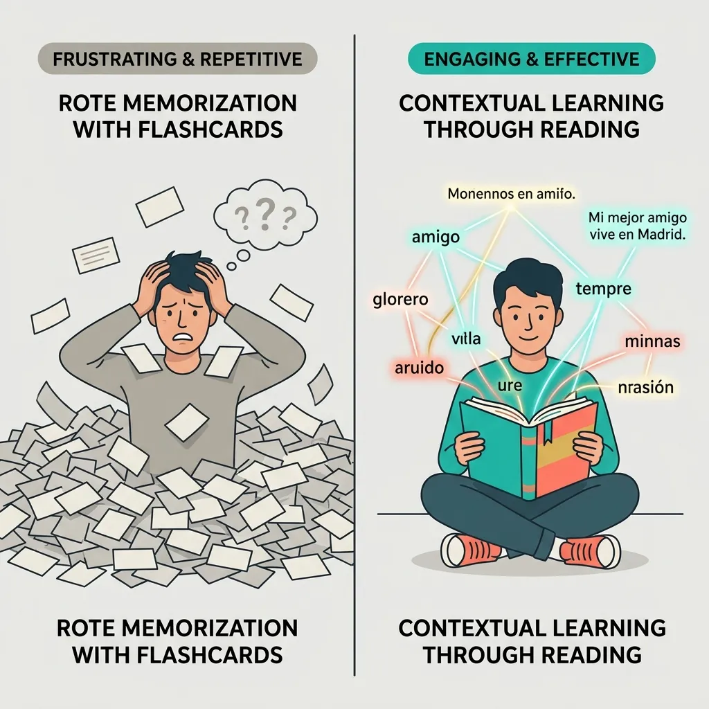 Rote memorization with flashcards vs contextual learning through reading — a visual comparison of two vocabulary methods