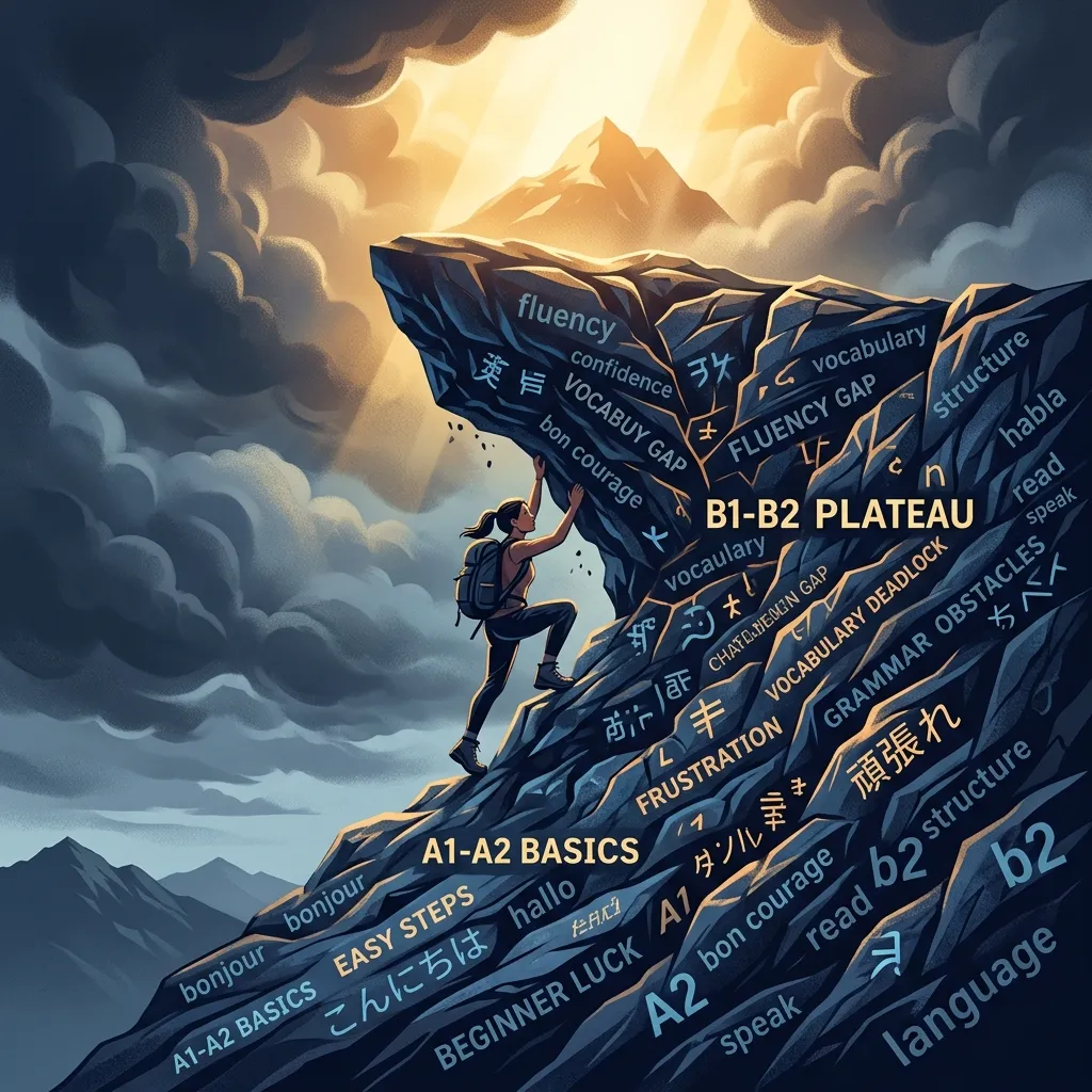 A person climbing a cliff covered in multilingual words, breaking through clouds toward a golden light representing language fluency beyond the B1-B2 plateau