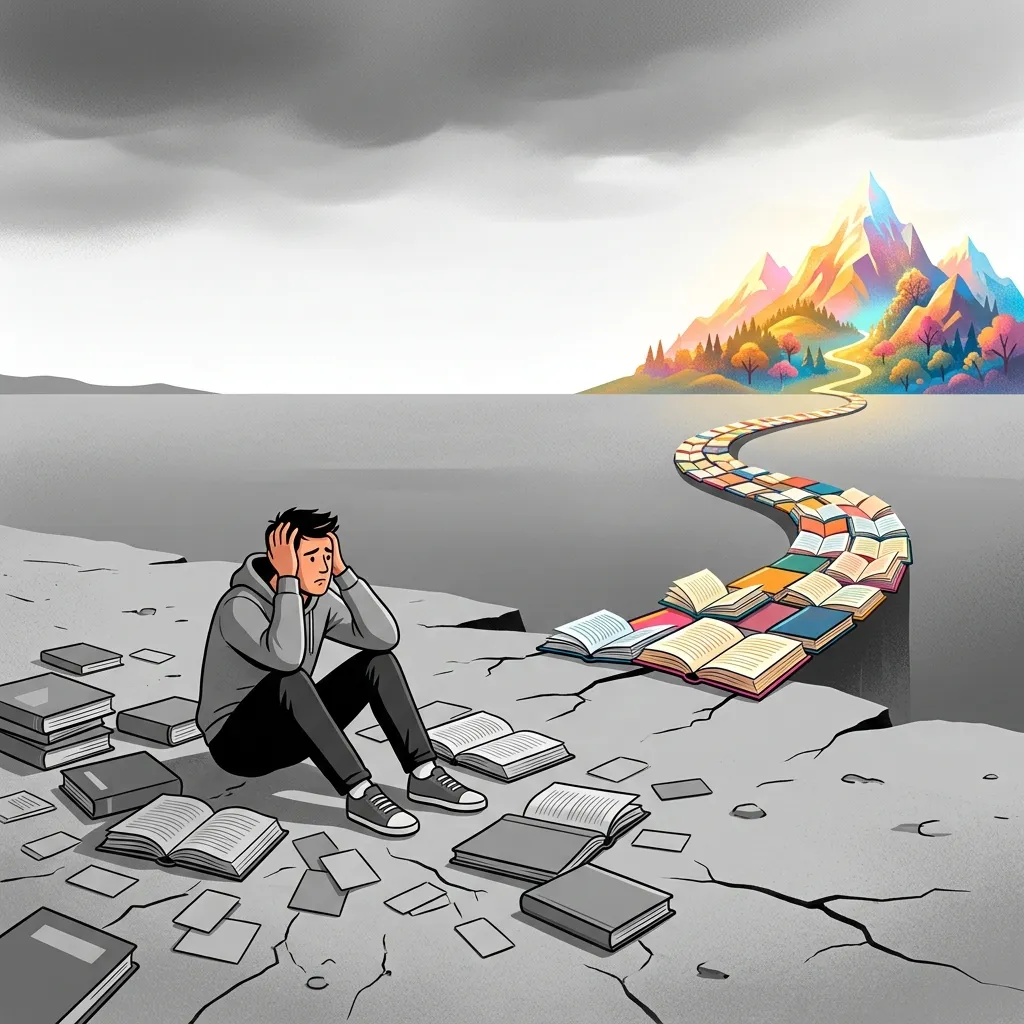 A frustrated learner surrounded by scattered textbooks on a grey plateau, with a colorful bridge of books leading to a vibrant mountain in the distance