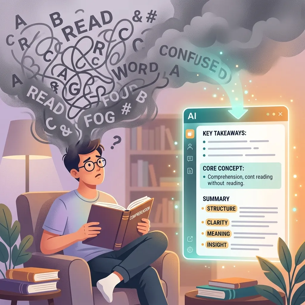 Illustration of a confused reader surrounded by tangled letters, with an AI interface organizing the text into clear key points