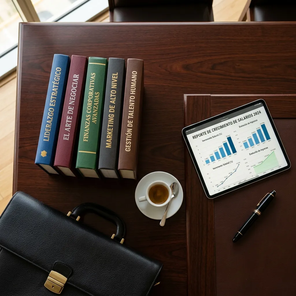 Five business Spanish books on an executive desk with espresso, leather briefcase, and tablet showing salary growth charts