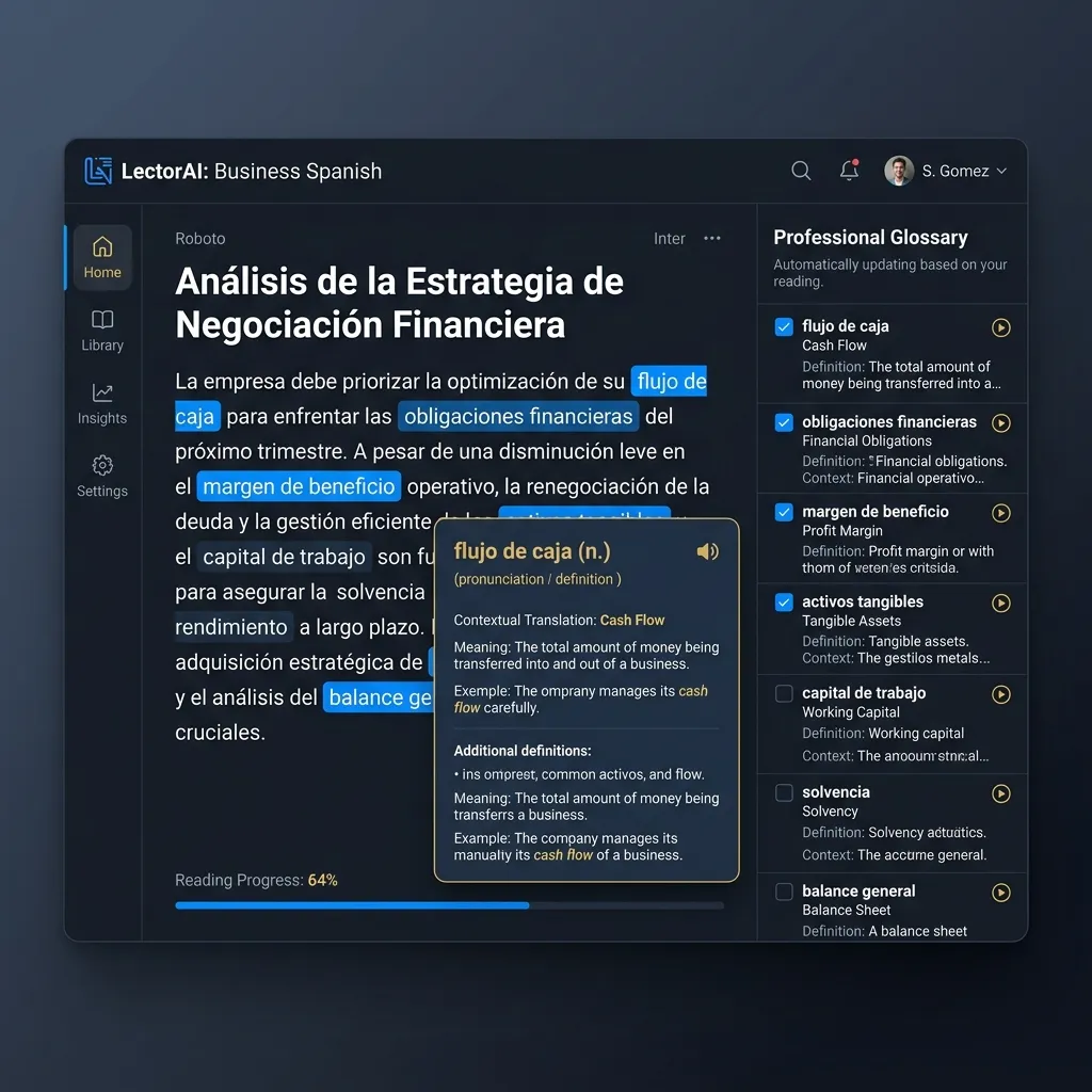 MovaReader AI analyzing business Spanish vocabulary with automatic Professional Glossary building
