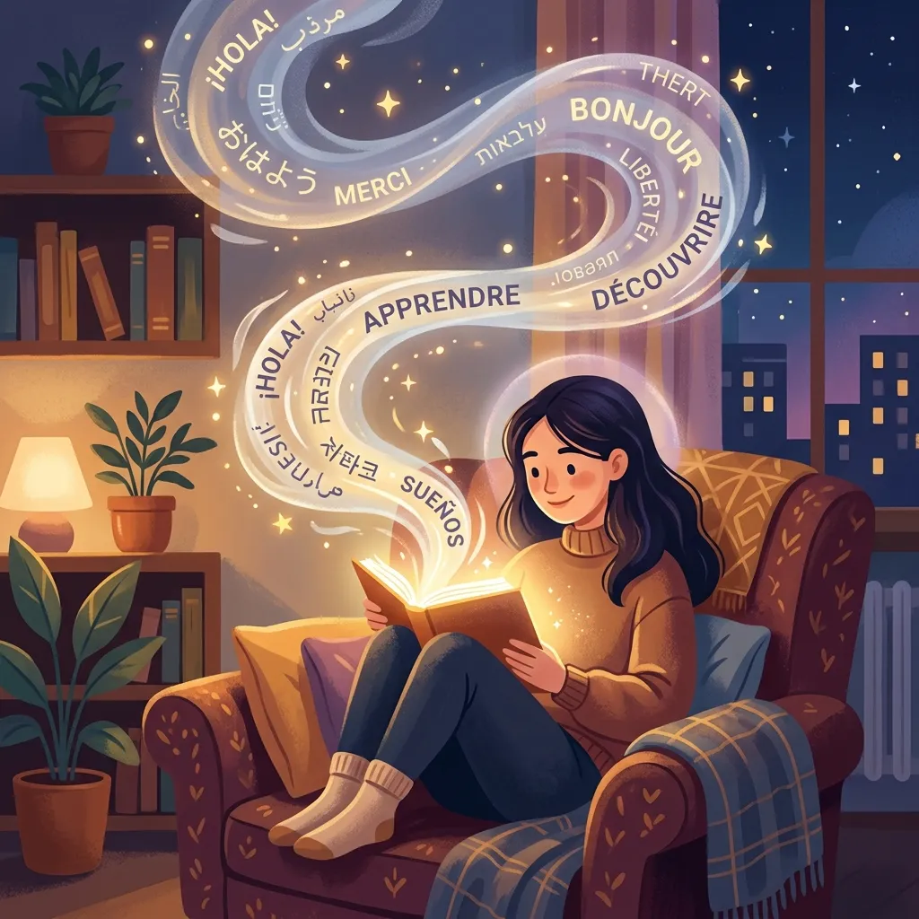 A person reading a glowing book in a cozy armchair with multilingual words flowing naturally from the pages, representing comprehensible input and natural language acquisition