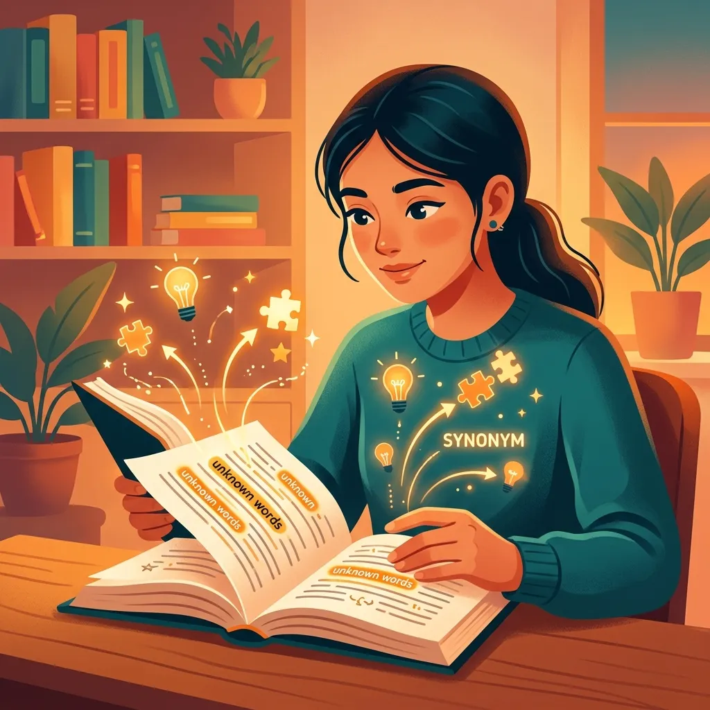 Reader discovering word meanings from context clues with lightbulb icons floating above an open book