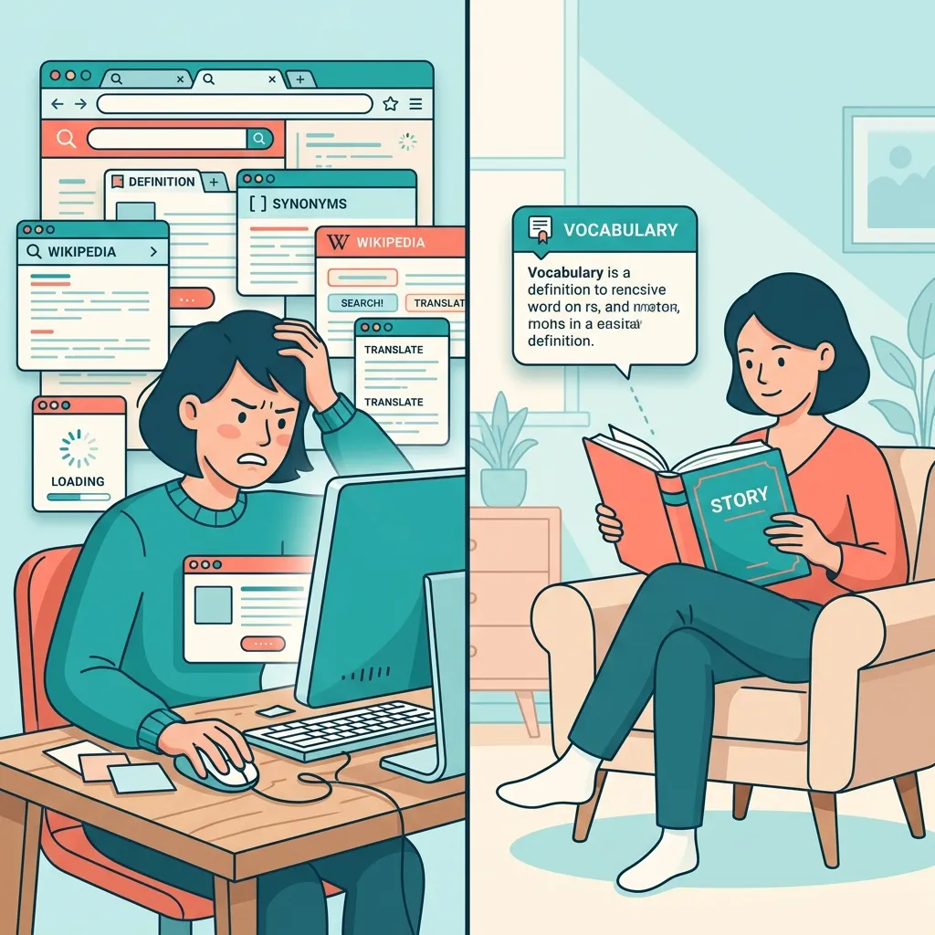 Dictionary frustration vs. calm contextual reading with MovaReader's single-click tooltip