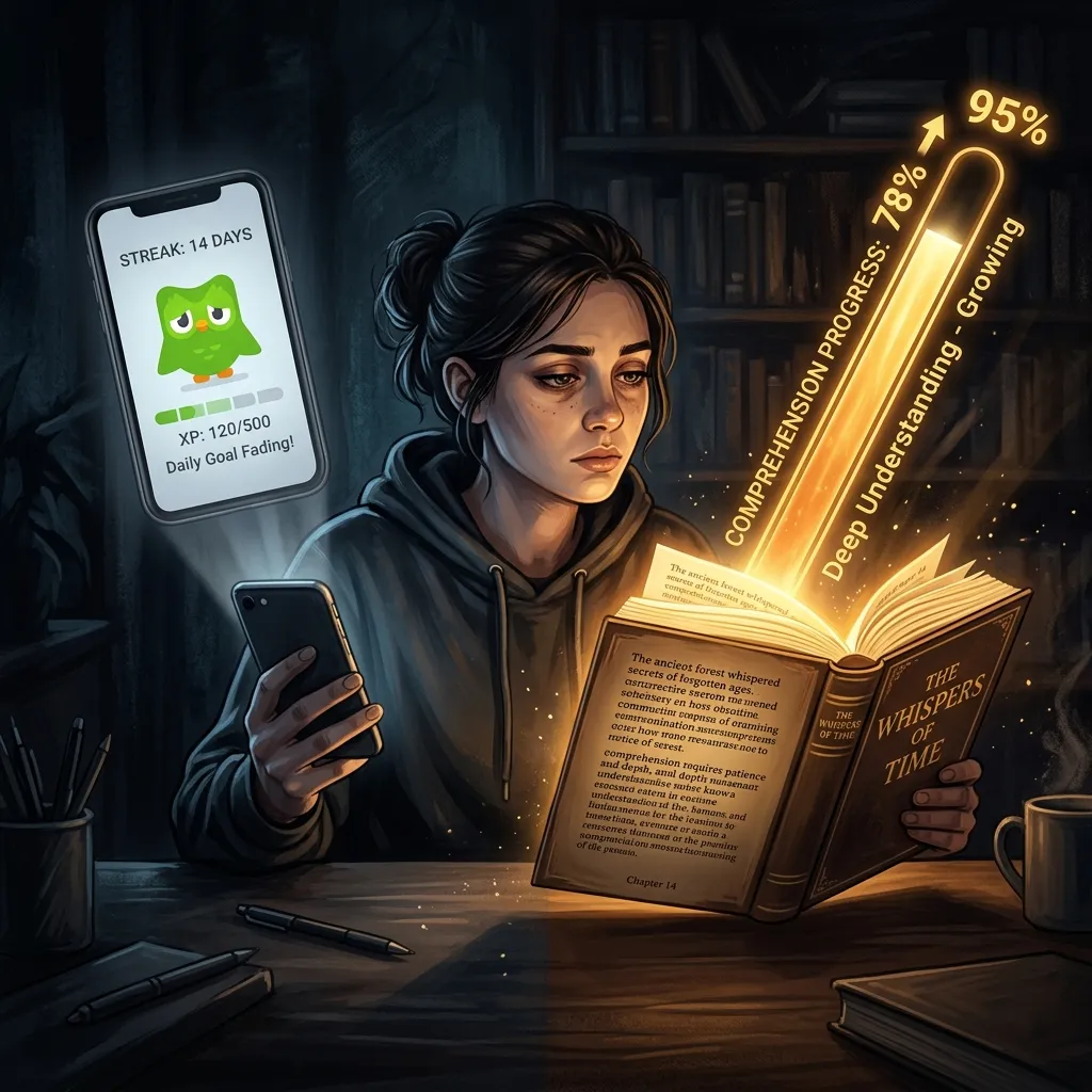 A person at a desk choosing between a fading gamified language app and a glowing book with rising comprehension percentage — symbolizing the shift from shallow dopamine to deep learning motivation
