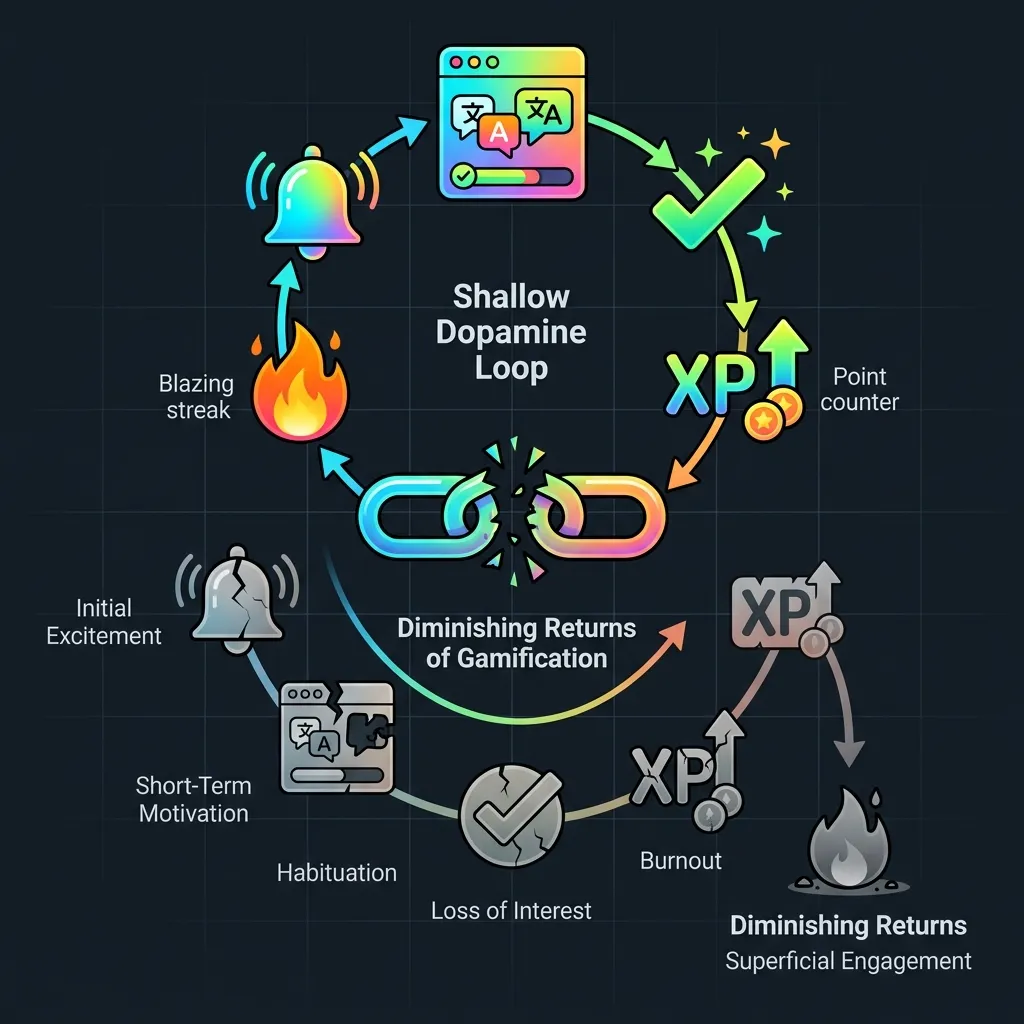 The shallow dopamine loop of gamified language apps — initial excitement fades into diminishing returns as the brain adapts to predictable reward patterns