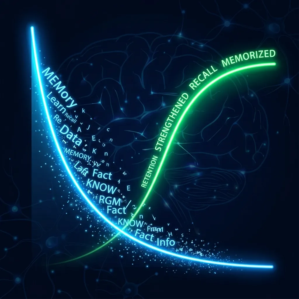 The Ebbinghaus forgetting curve visualization showing memory decay and spaced repetition recovery — a scientific approach to permanent vocabulary retention