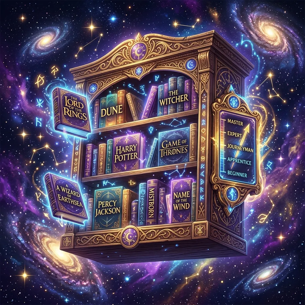 Magical floating bookshelf with popular fantasy books ranked by difficulty level for language learners