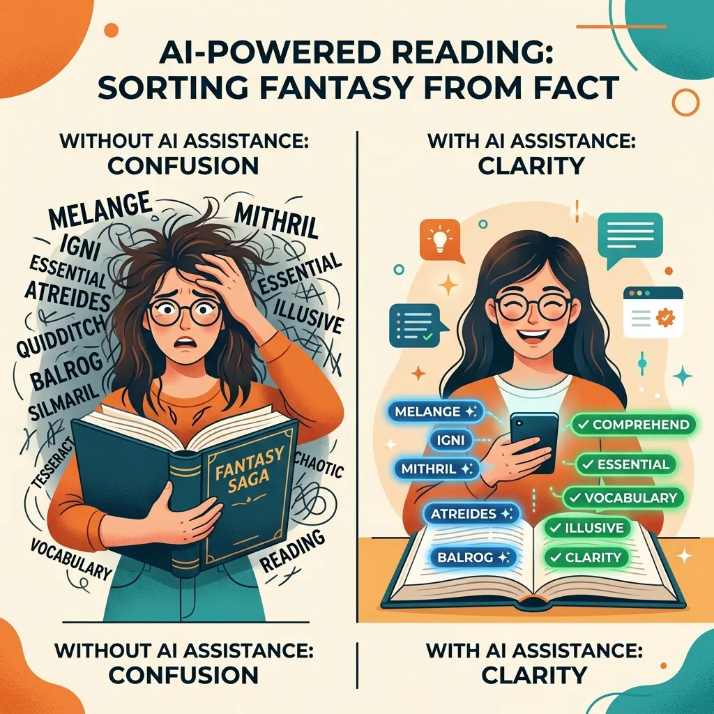 MovaReader separates fictional terms from real vocabulary automatically, letting you focus on learning while enjoying epic fantasy adventures