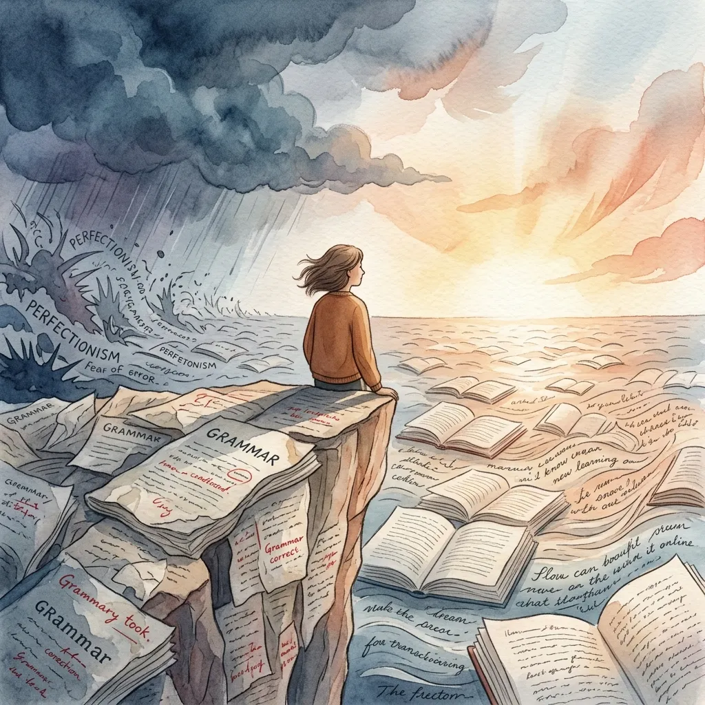 A person standing at the edge of crumbled grammar textbooks, looking toward a golden horizon of open books — symbolizing the shift from perfectionism to stress-free language learning through reading