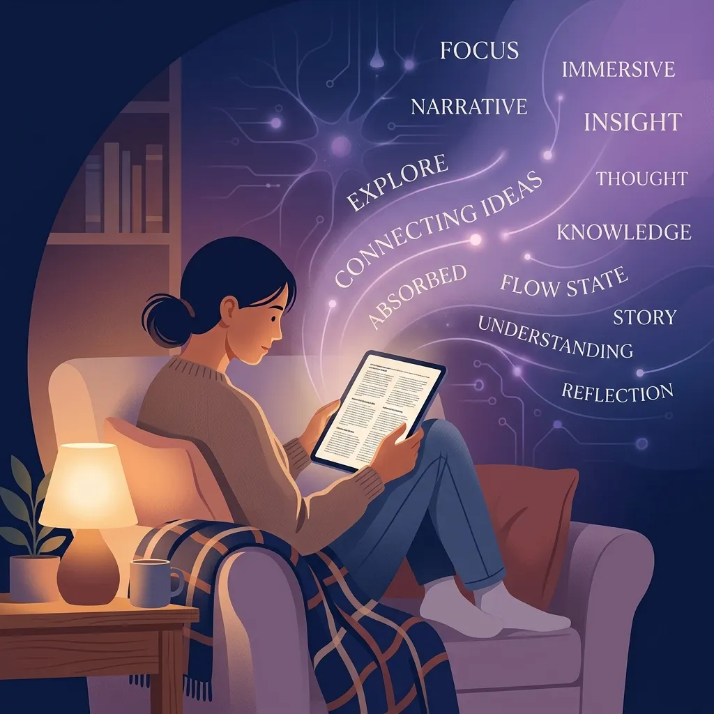 A person absorbed in reading on a tablet, surrounded by glowing neural pathways representing the flow state of deep learning