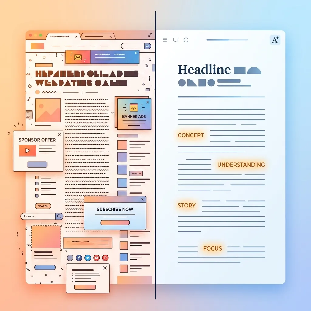 Cluttered web article vs. clean reading interface — the environment determines whether you reach flow state