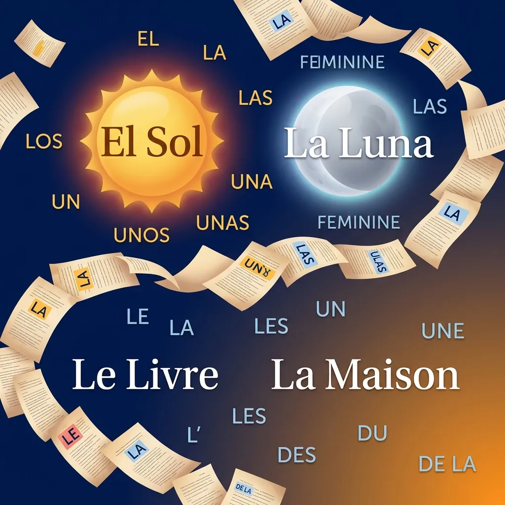 Spanish and French gendered articles el la le la floating around nouns with sun and moon symbolism on a gradient background