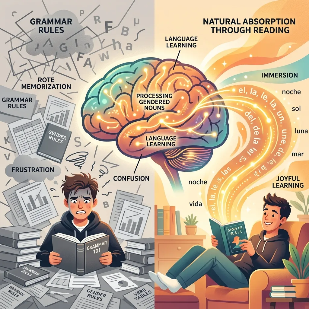 The contrast between rote memorization of grammar rules and natural absorption through immersive reading — the brain builds stronger connections through contextual exposure